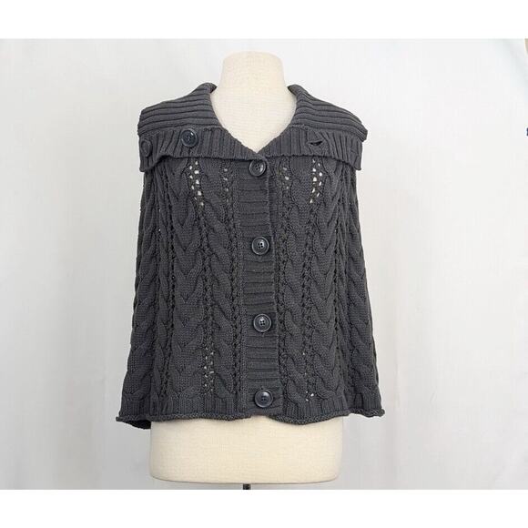 Vintage Y2K Sweater Poncho Shawl Gray Pointelle Knit Button Front Misses Size M - Picture 1 of 6